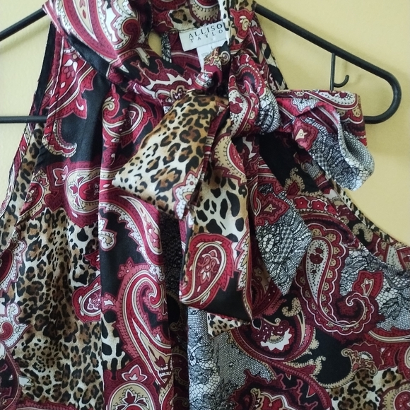 Allison Taylor blouse size L black, maroon,beige leopard print satin fabric. - Picture 2 of 6